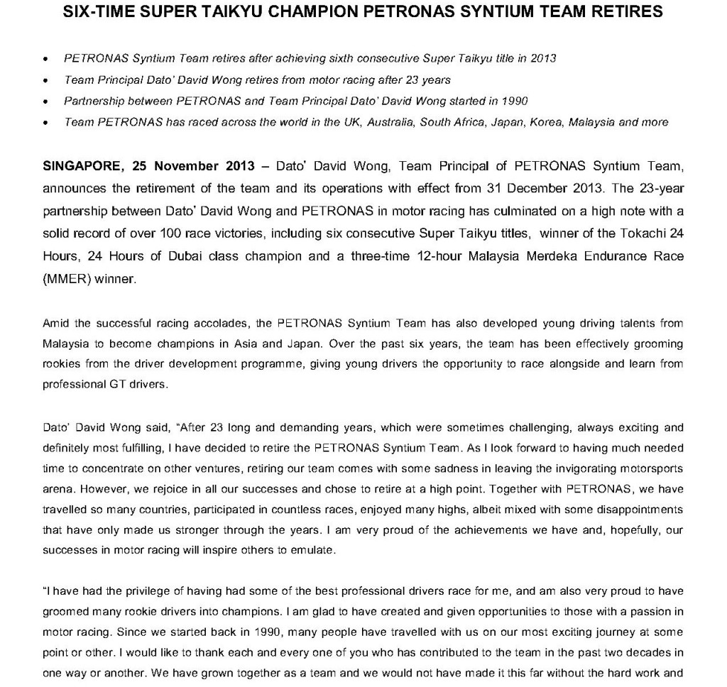 Press Release, Six-time Super Taikyu Champion PETRONAS Syntium Team Retires_1