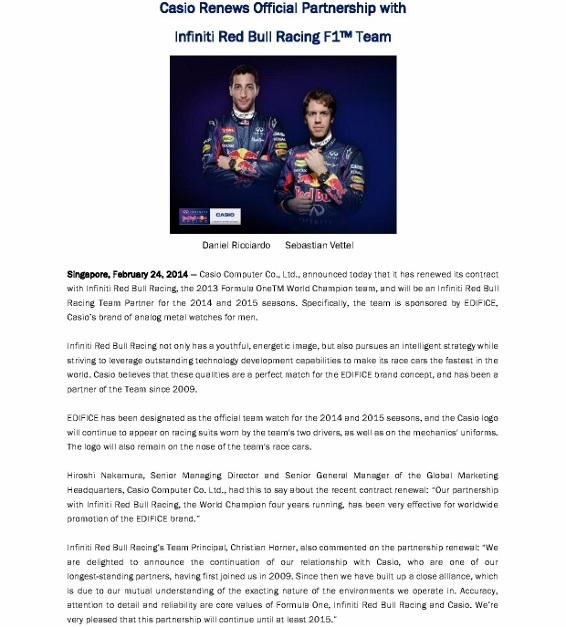CASIO renews Official Partnership with Infiniti Red Bull Racing F1 Team_Media Release_24 Feb 2014_1 (566x800)
