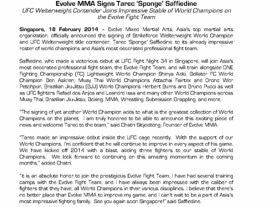 For Immediate Release - Evolve MMA Signs Tarec 'Sponge' Saffiedine_1 (566x800)